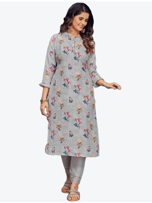 bluish grey modal muslin digital printed kurti with pant fabku20475