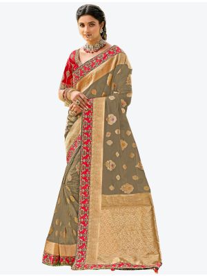 Brownish Grey Premium Organza Silk Party Wear Designer Saree small FABSA21301