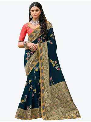 Dark Blue Premium Organza Silk Party Wear Designer Saree small FABSA21303