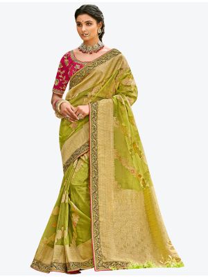 Light Green Premium Organza Silk Party Wear Designer Saree small FABSA21299