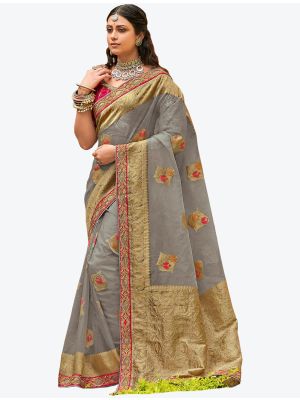 Light Grey Premium Organza Silk Party Wear Designer Saree small FABSA21296