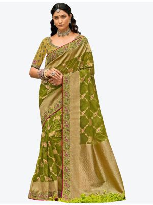 Parrot Green Premium Organza Silk Party Wear Designer Saree small FABSA21302