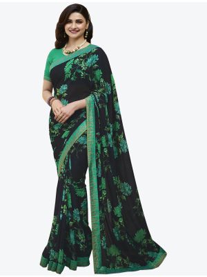 Dark Green Printed Fine Georgette Festive Wear Designer Saree small FABSA21348