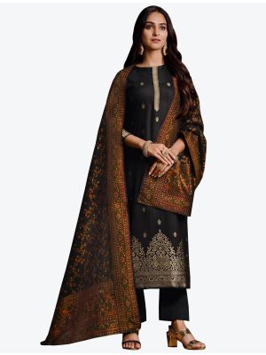 Deep Black Jacquard Silk Designer Straight Suit with Dupatta thumbnail FABSL20686