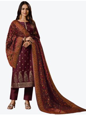 Deep Maroon Jacquard Silk Designer Straight Suit with Dupatta thumbnail FABSL20687