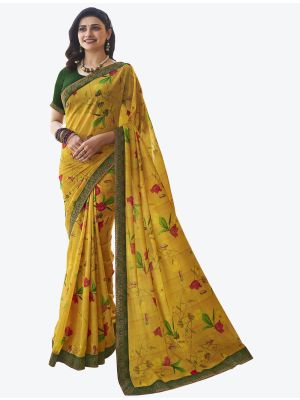 Deep Yellow Printed Fine Georgette Festive Wear Designer Saree small FABSA21350