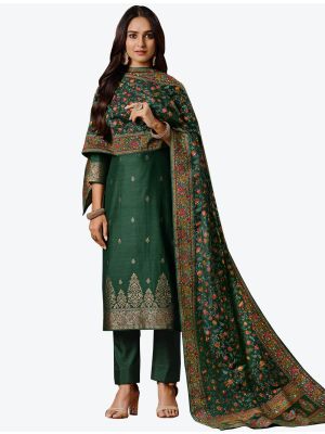 Forest Green Jacquard Silk Designer Straight Suit with Dupatta thumbnail FABSL20688