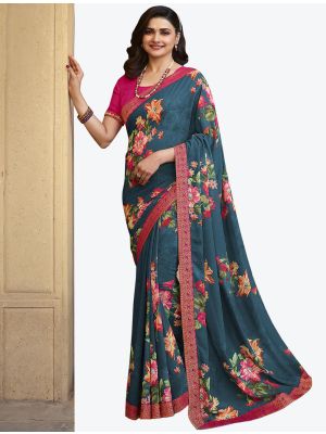 Greyish Blue Printed Fine Georgette Festive Wear Designer Saree small FABSA21354