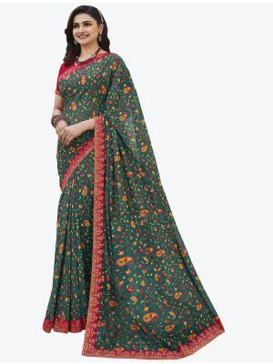 Greyish Teal Printed Fine Georgette Festive Wear Designer Saree small FABSA21349