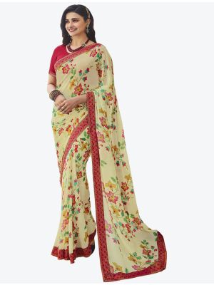 Light Cream Printed Fine Georgette Festive Wear Designer Saree small FABSA21353