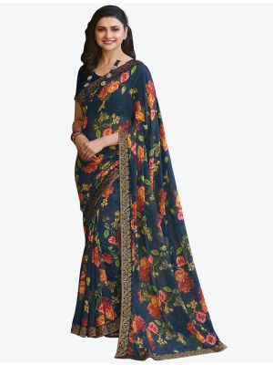 Navy Blue  Printed Fine Georgette Festive Wear Designer Saree small FABSA21346