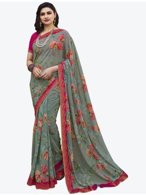 Patterned Grey Printed Fine Georgette Festive Wear Designer Saree small FABSA21351