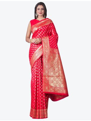 Bright Red Soft Lichi Silk Festive Wear Designer Saree FABSA21443