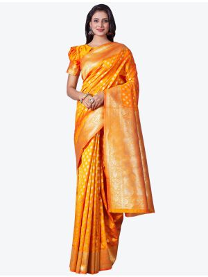 Dazzling Yellow Soft Lichi Silk Festive Wear Designer Saree small FABSA21440