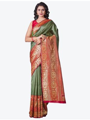 Patterned Green Soft Lichi Silk Festive Wear Designer Saree small FABSA21437