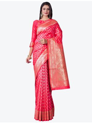Reddish Pink Soft Lichi Silk Festive Wear Designer Saree small FABSA21438