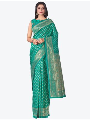 Teal Green Soft Lichi Silk Festive Wear Designer Saree small FABSA21441