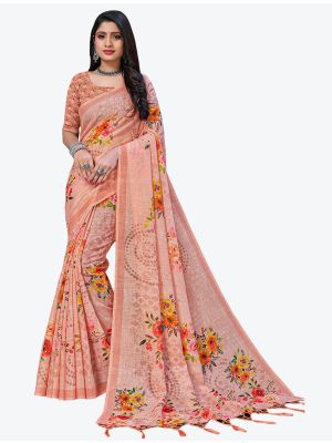 Coral Peach Digital Printed Linen Festive Wear Designer Saree small FABSA21498