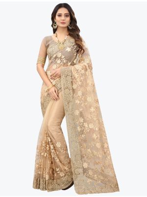 Creamy Beige Fancy Net Party Wear Designer Saree FABSA21563