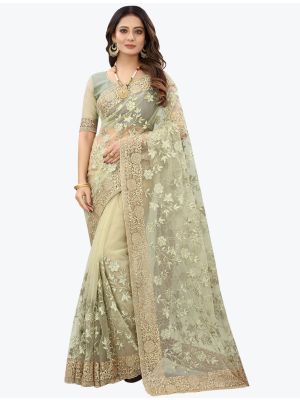 Creamy Pista Fancy Net Party Wear Designer Saree FABSA21560