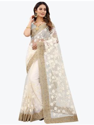 Creamy White Fancy Net Party Wear Designer Saree FABSA21561