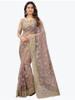 Deep Beige Fancy Net Party Wear Designer Saree FABSA21558