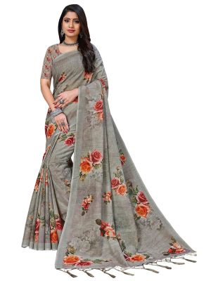 Deep Grey Digital Printed Linen Festive Wear Designer Saree small FABSA21501