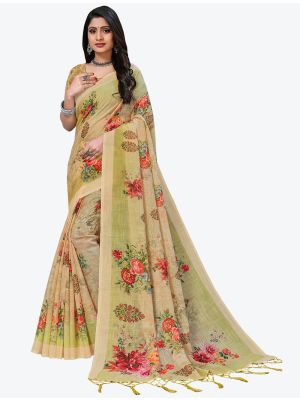Greenish Yellow Digital Printed Linen Festive Wear Designer Saree small FABSA21502
