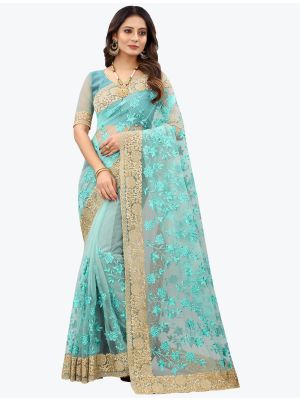 Light Cyan Fancy Net Party Wear Designer Saree FABSA21562