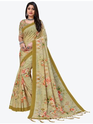 Olive Green Digital Printed Linen Festive Wear Designer Saree small FABSA21499
