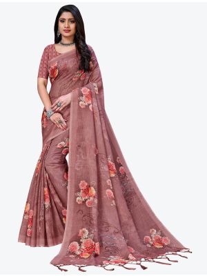 Onion Pink Digital Printed Linen Festive Wear Designer Saree FABSA21503