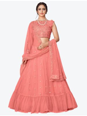 Pastel Peach Net Party Wear Designer Lehenga Choli with Dupatta small FABLE20253