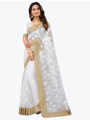Pearl White Fancy Net Party Wear Designer Saree FABSA21555