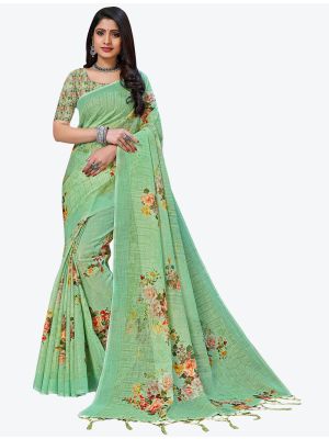 Pista Green Digital Printed Linen Festive Wear Designer Saree small FABSA21500