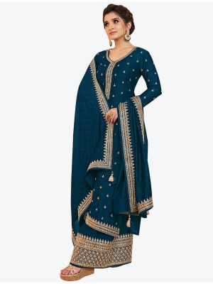 Rama Blue Heavy Blooming Vichitra Designer Palazzo Suit small FABSL20732