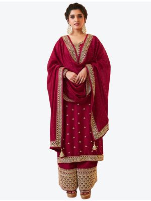 Reddish Maroon Heavy Blooming Vichitra Designer Palazzo Suit small FABSL20731