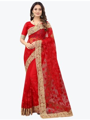 Vivid Red Fancy Net Party Wear Designer Saree FABSA21554