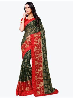 Bottle Green Chiffon Brasso Festive Wear Designer Saree small FABSA21621