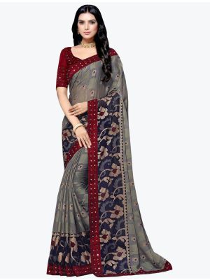 Dark Grey Chiffon Brasso Festive Wear Designer Saree small FABSA21612