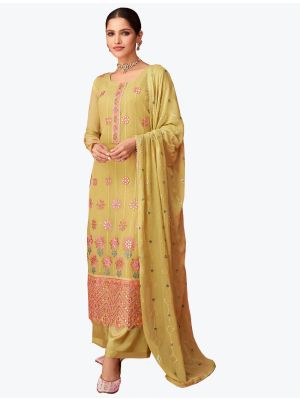 Pastel Yellow Embroidered Pure Georgette Designer Palazzo Suit FABSL20862