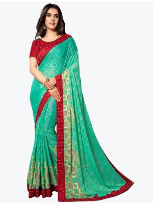 Rich Cyan Chiffon Brasso Festive Wear Designer Saree small FABSA21617