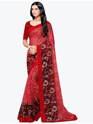 Rich Red Chiffon Brasso Festive Wear Designer Saree small FABSA21613