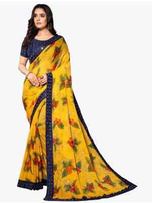 Vivid Yellow Chiffon Brasso Festive Wear Designer Saree small FABSA21616