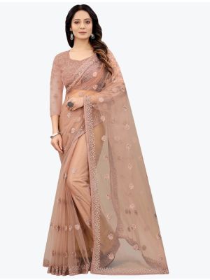 Beige Embroidered Net Gorgeous Party Wear Designer Saree small FABSA21671