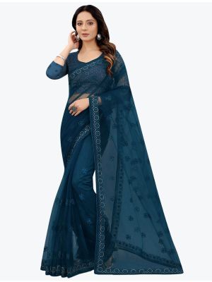 Blue Embroidered Net Gorgeous Party Wear Designer Saree small FABSA21667