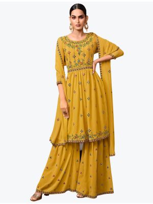Mustard Yellow Pure Georgette Party Wear Stylish Sharara Suit FABSL20913