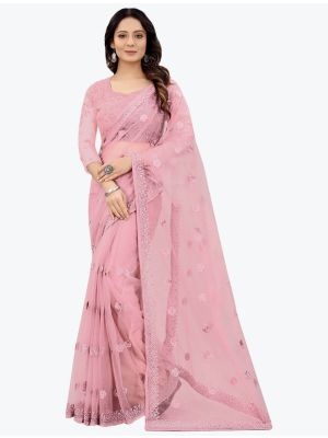 Pink Embroidered Net Gorgeous Party Wear Designer Saree small FABSA21672