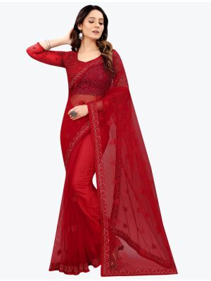 Red Embroidered Net Gorgeous Party Wear Designer Saree small FABSA21668