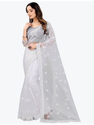White Embroidered Net Gorgeous Party Wear Designer Saree small FABSA21670