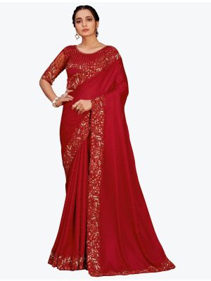 Bright Red Jacquard Self Pure Satin Party Wear Designer Saree small FABSA21756